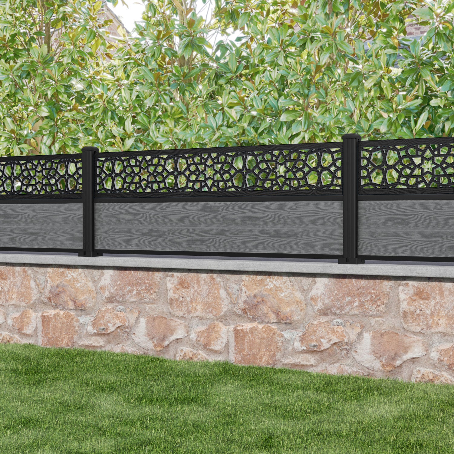 Classic Nazira Fence Panel - Mid Grey - with our aluminium posts