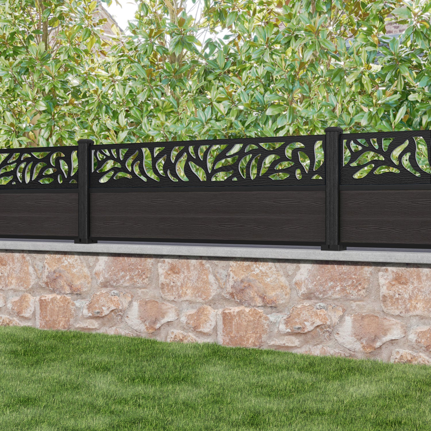 Classic Plume Fence Panel - Dark Oak - with our aluminium posts