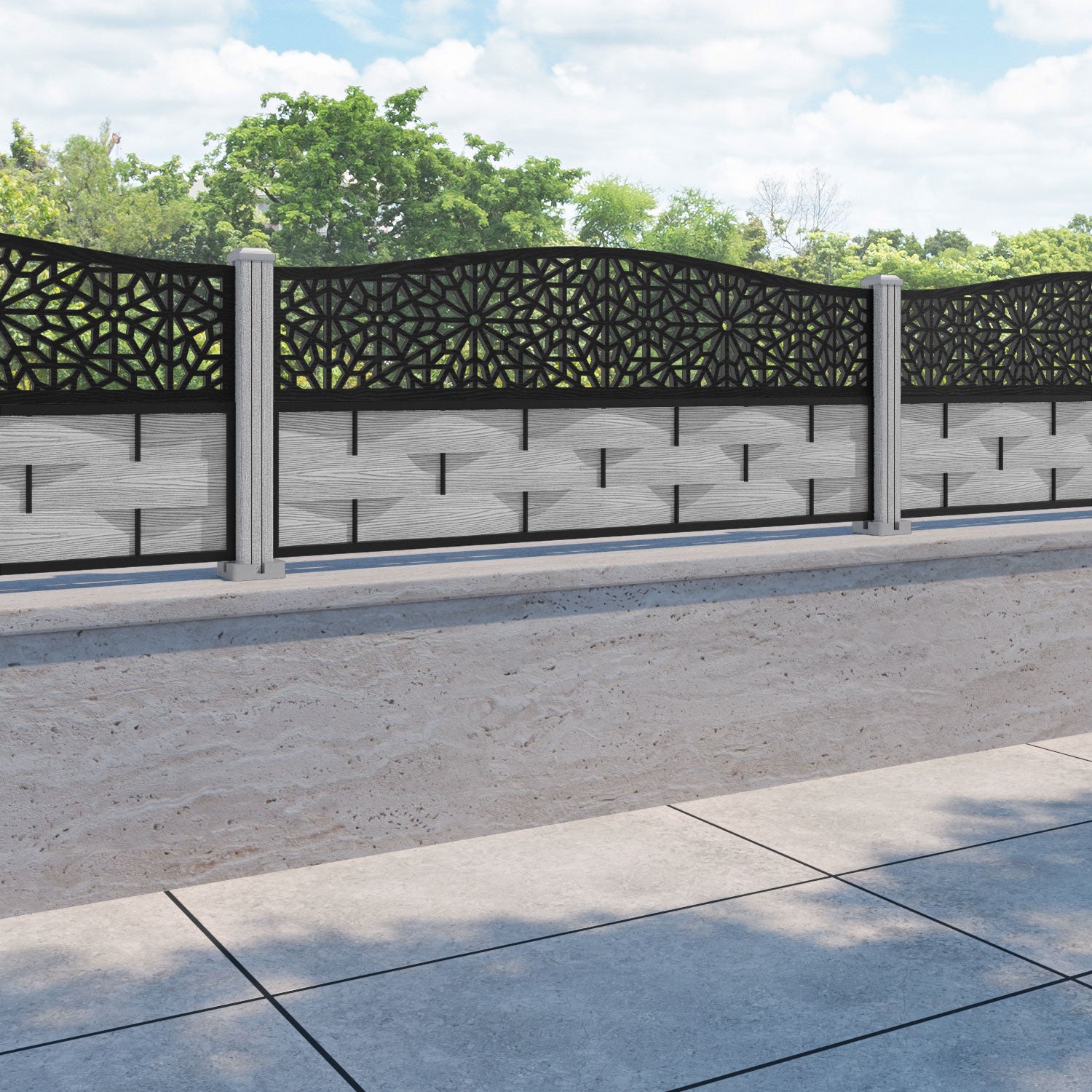 Ripple Alnara Curved Top Fence Panel - Light Grey - with our composite posts