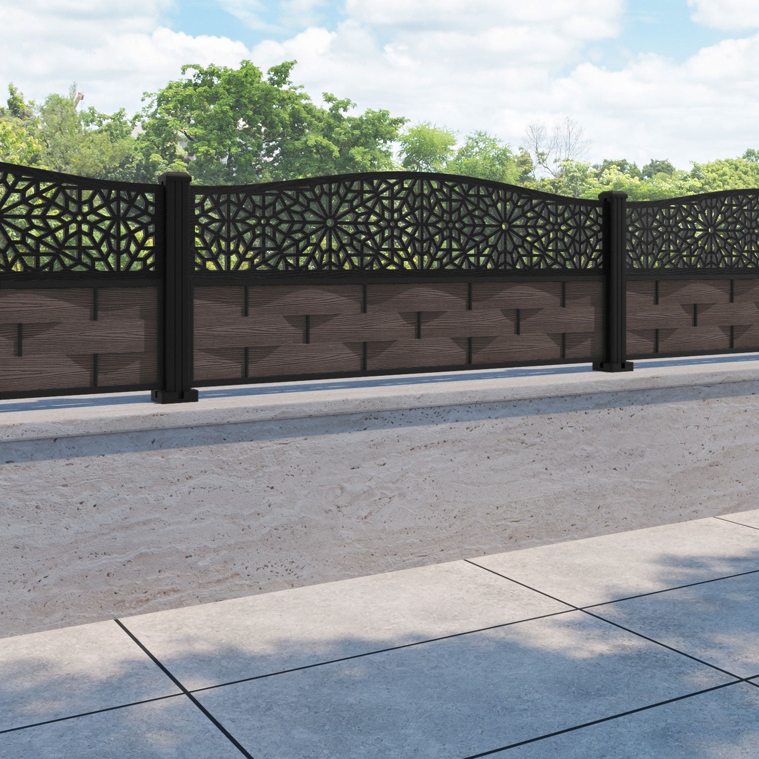 Ripple Alnara Curved Top Fence Panel - Mid Brown - with our aluminium posts