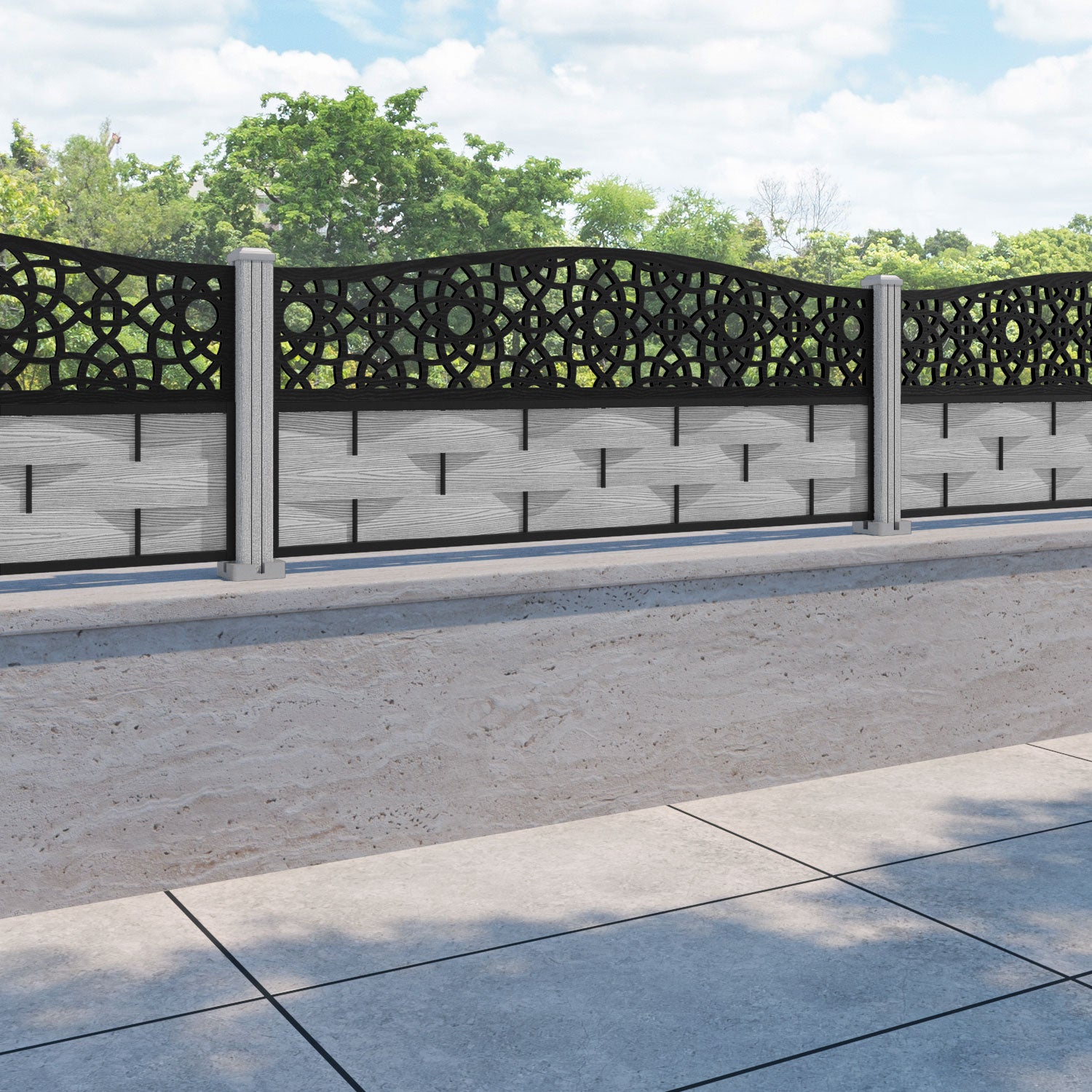 Ripple Ambar Curved Top Fence Panel - Light Grey - with our composite posts