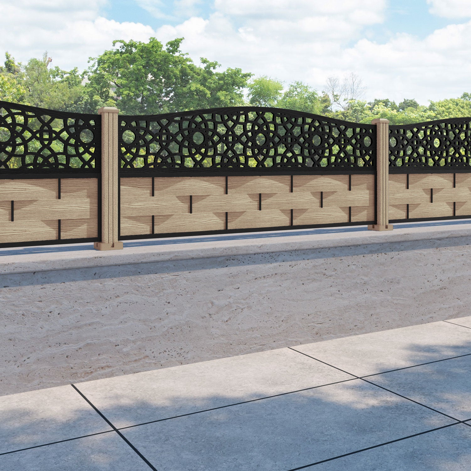 Ripple Ambar Curved Top Fence Panel - Light Oak - with our composite posts