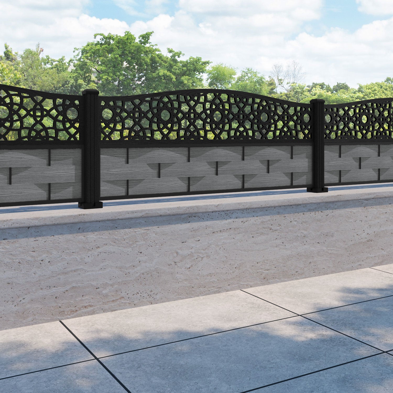 Ripple Ambar Curved Top Fence Panel - Mid Grey - with our composite posts