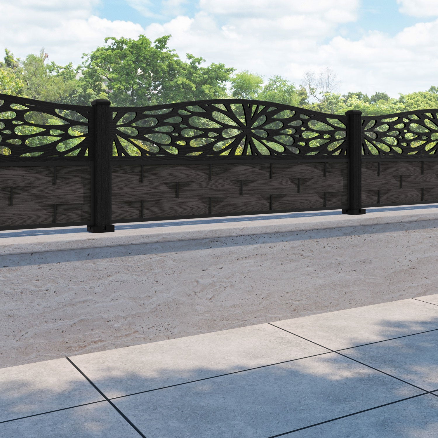 Ripple Blossom Curved Top Fence Panel - Dark Oak - with our composite posts