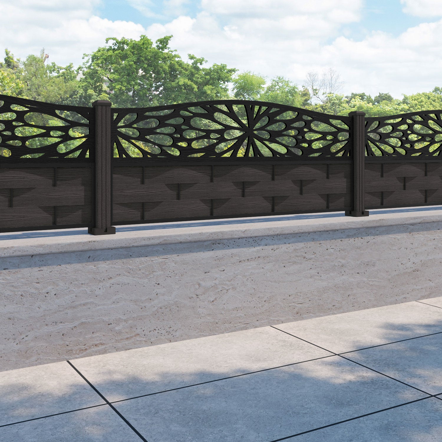 Ripple Blossom Curved Top Fence Panel - Dark Oak - with our composite posts