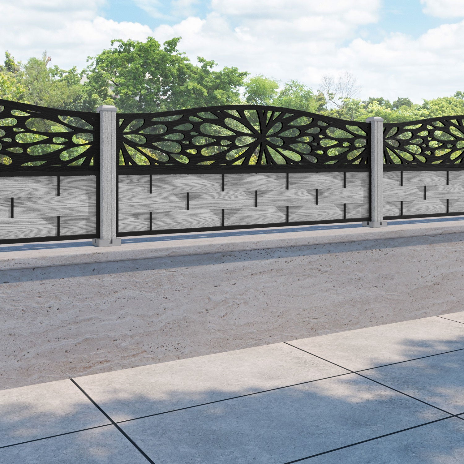 Ripple Blossom Curved Top Fence Panel - Light Grey - with our composite posts