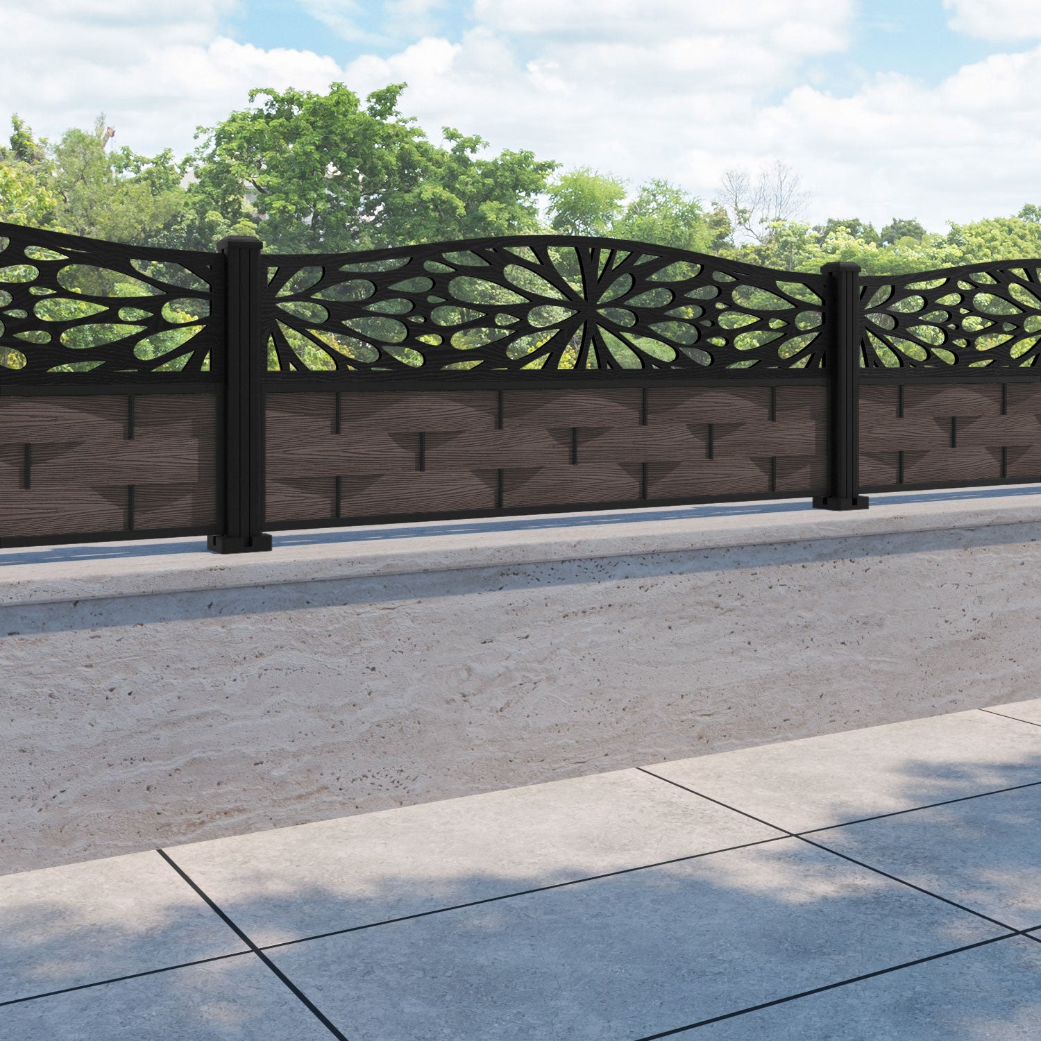 Ripple Blossom Curved Top Fence Panel - Mid Brown - with our aluminium posts