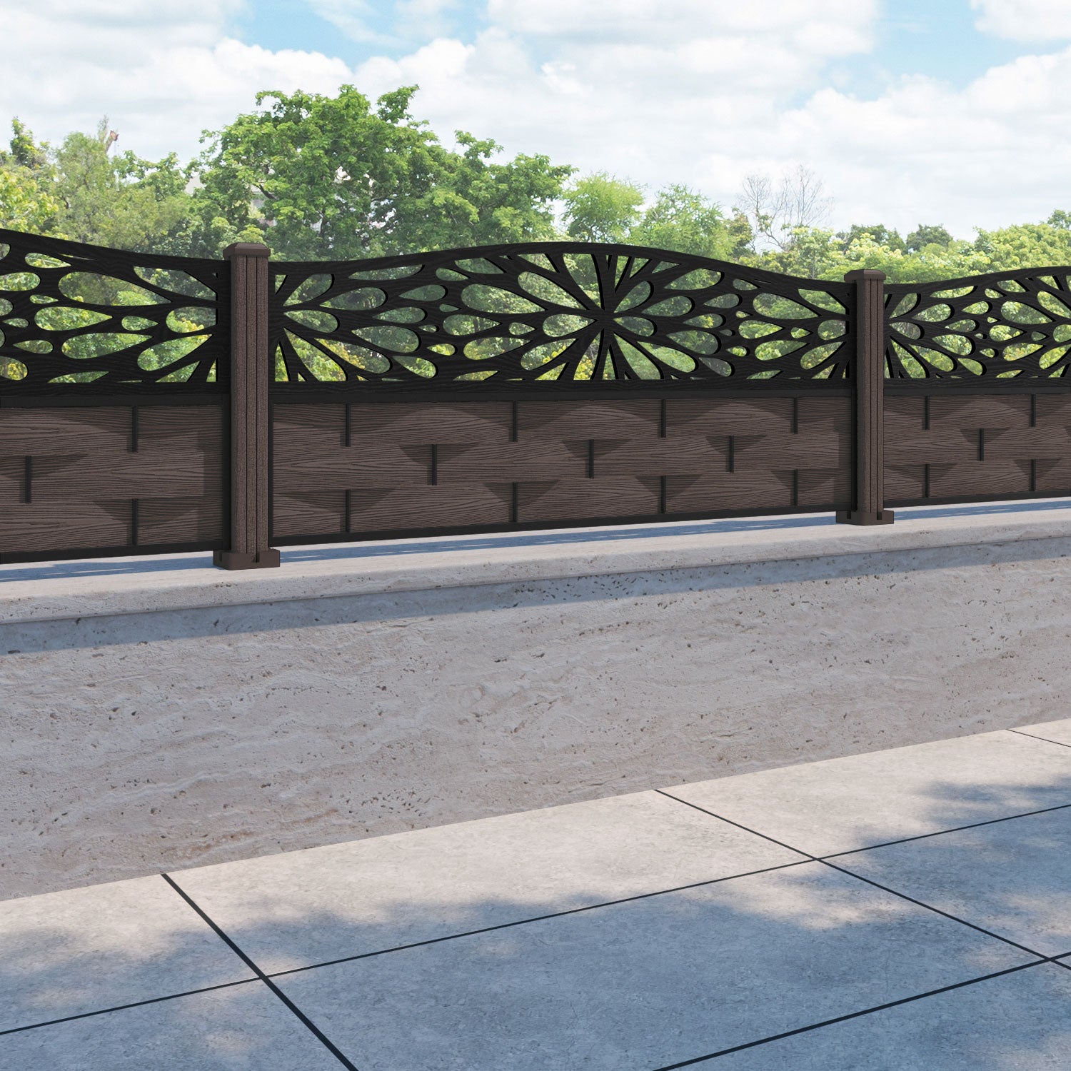 Ripple Blossom Curved Top Fence Panel - Mid Brown - with our composite posts