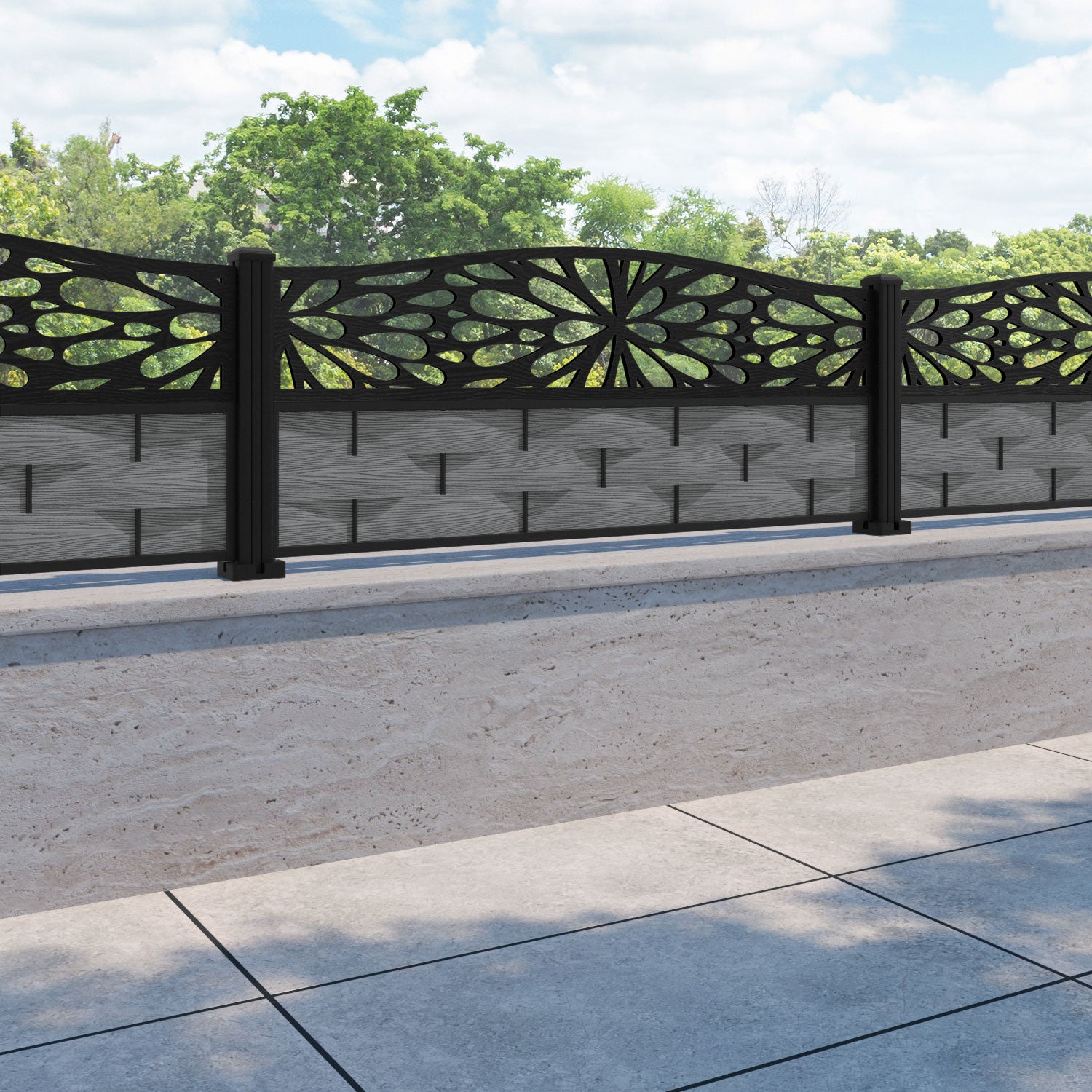 Ripple Blossom Curved Top Fence Panel - Mid Grey - with our aluminium posts