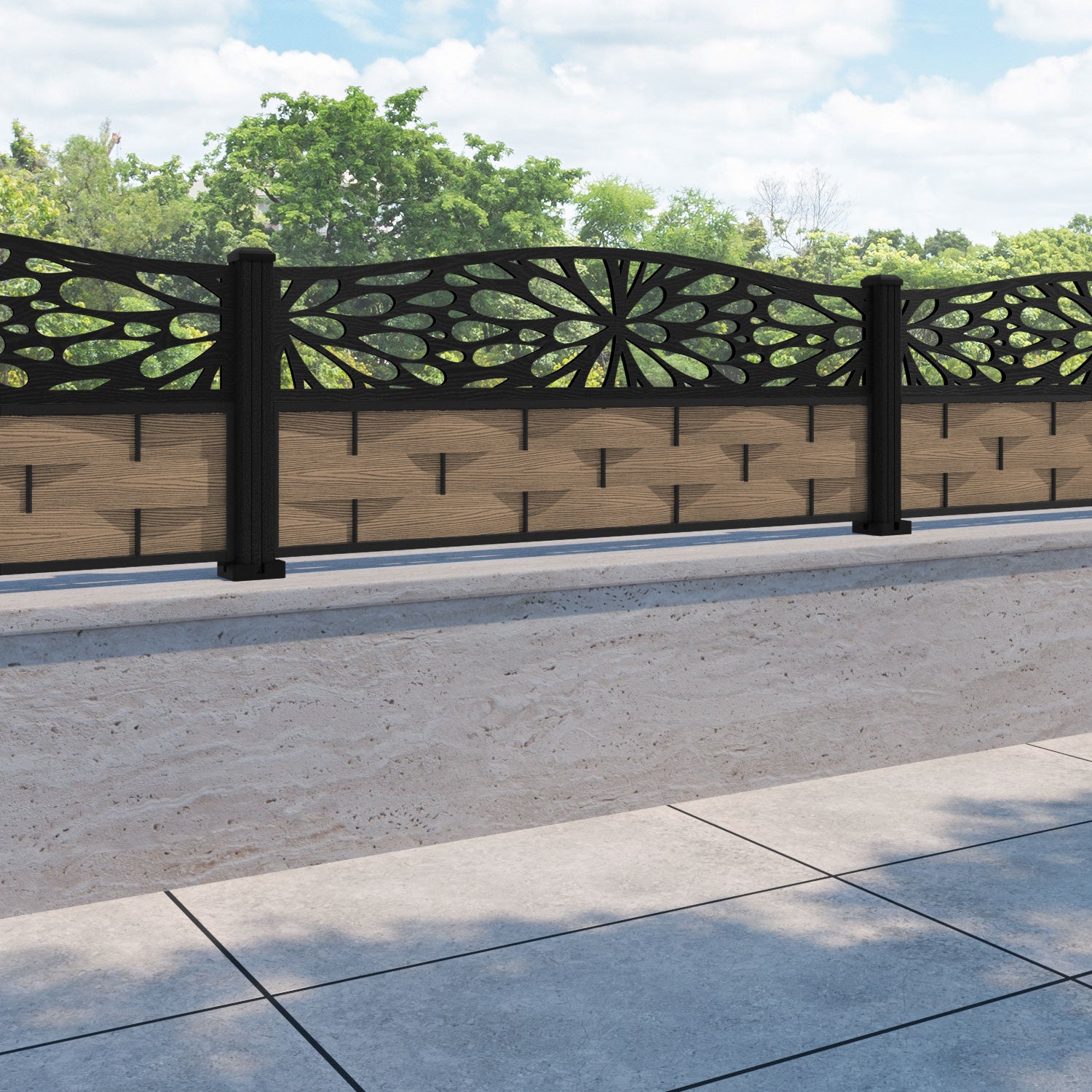 Ripple Blossom Curved Top Fence Panel - Teak - with our composite posts