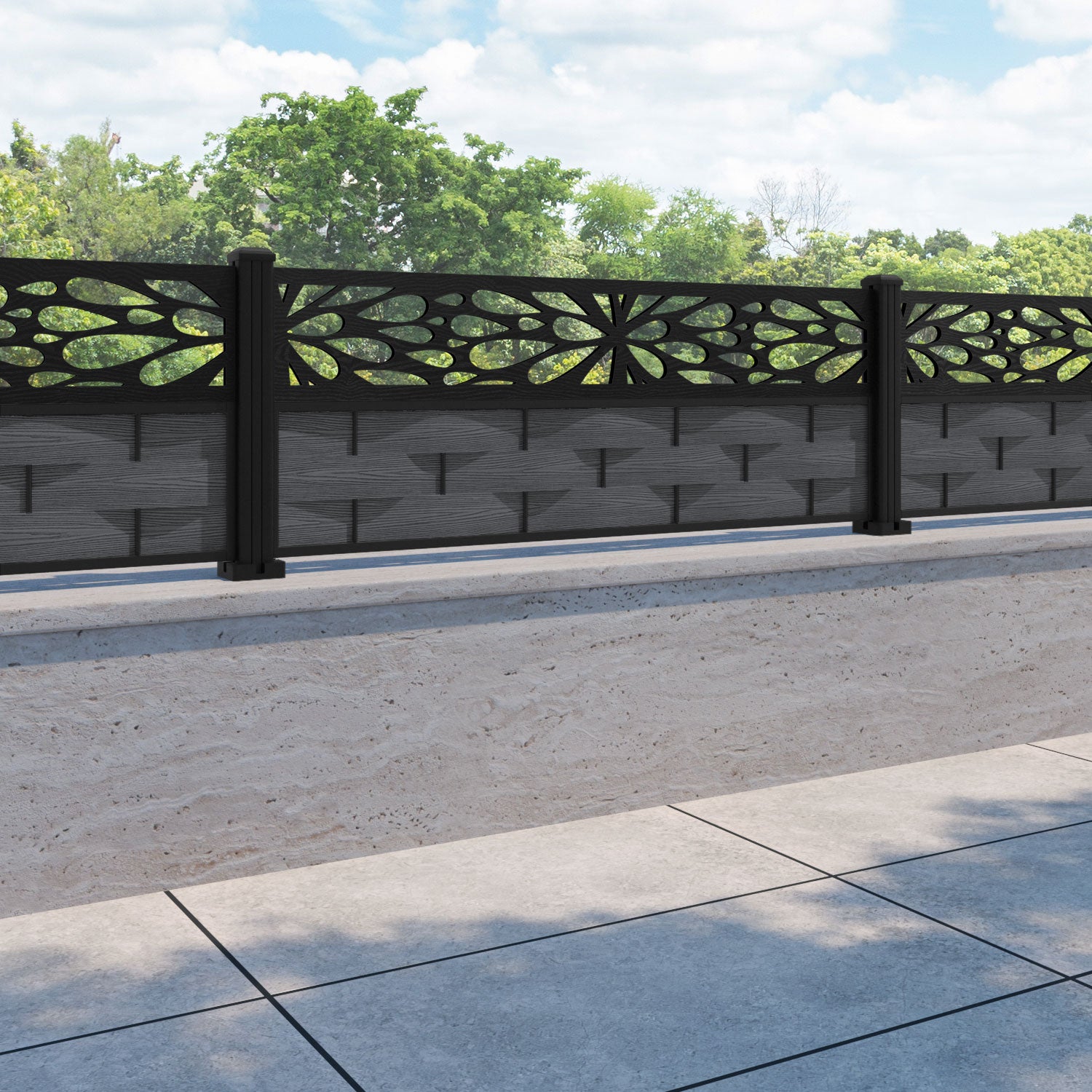 Ripple Blossom Fence Panel - Dark Grey - with our aluminium posts