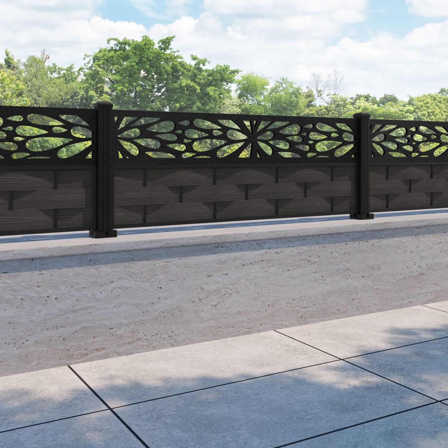 Ripple Blossom Fence Panel - Dark Oak - with our aluminium posts