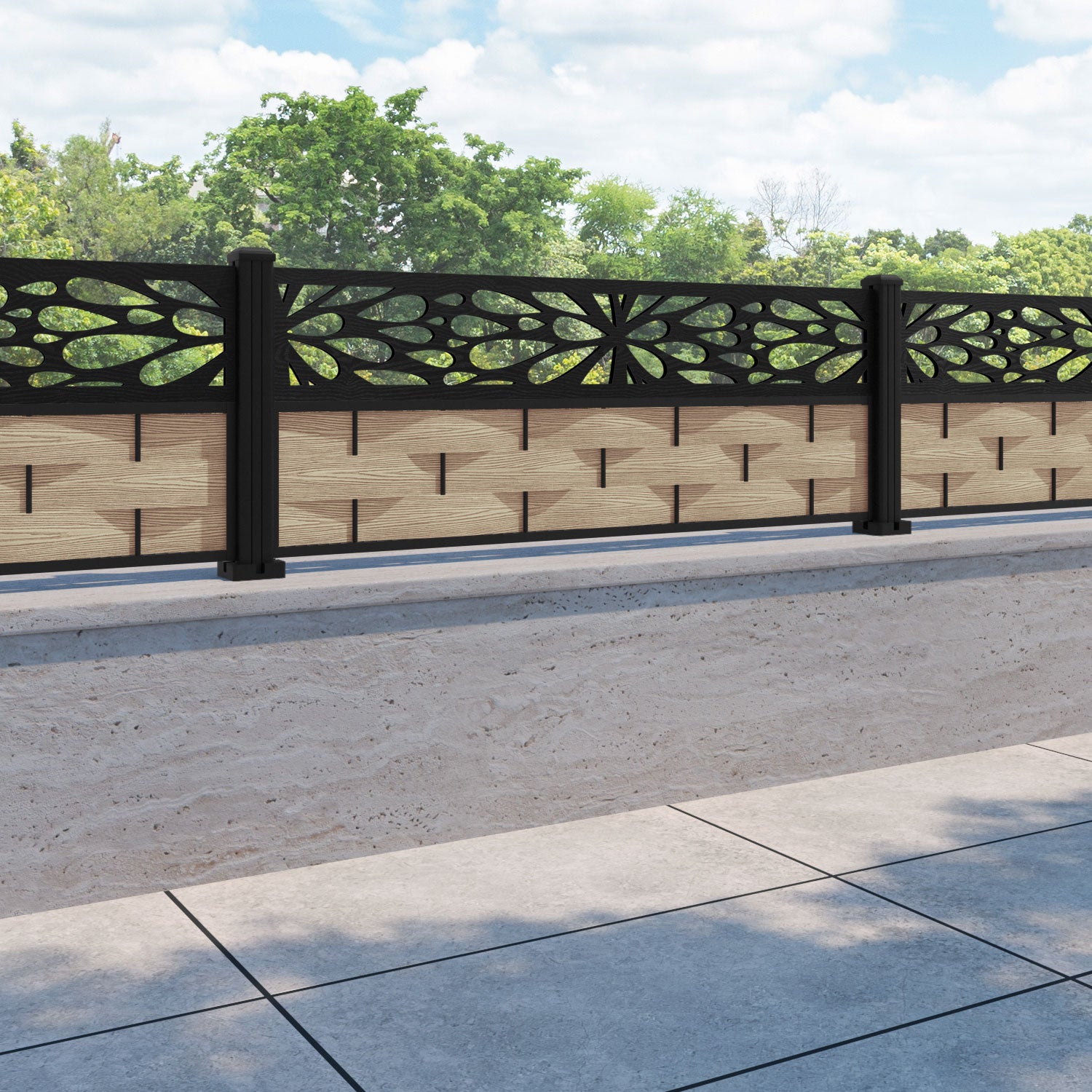 Ripple Blossom Fence Panel - Light Oak - with our aluminium posts