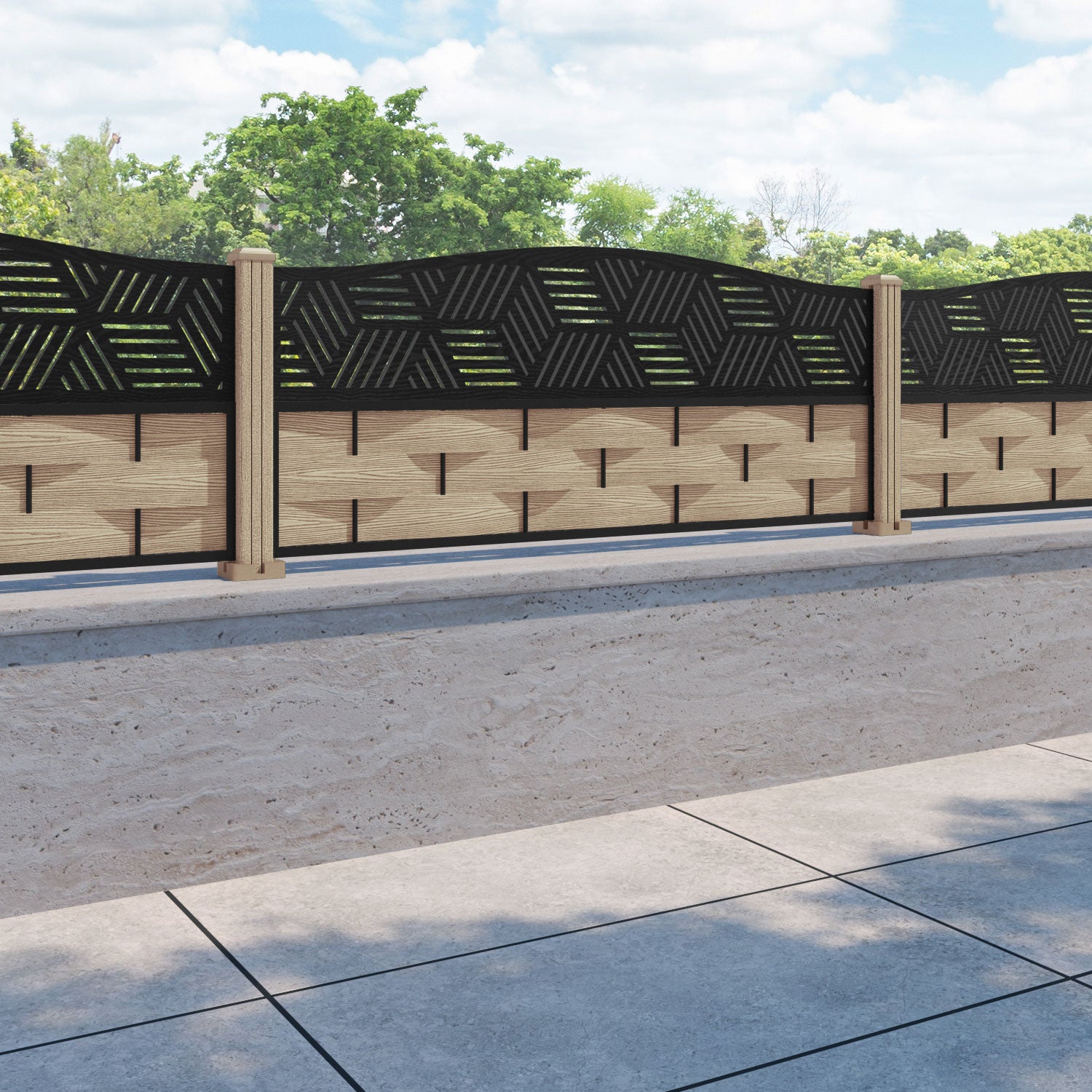 Ripple Cubed Curved Top Fence Panel - Light Oak - with our composite posts