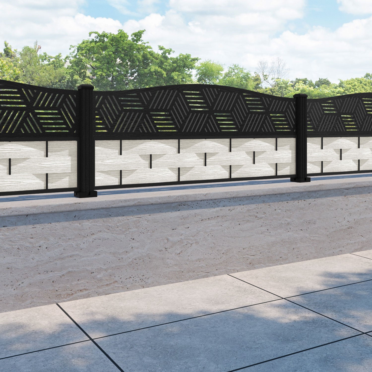 Ripple Cubed Curved Top Fence Panel - Light Stone - with our composite posts