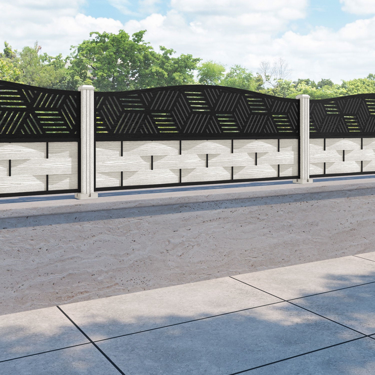Ripple Cubed Curved Top Fence Panel - Light Stone - with our composite posts