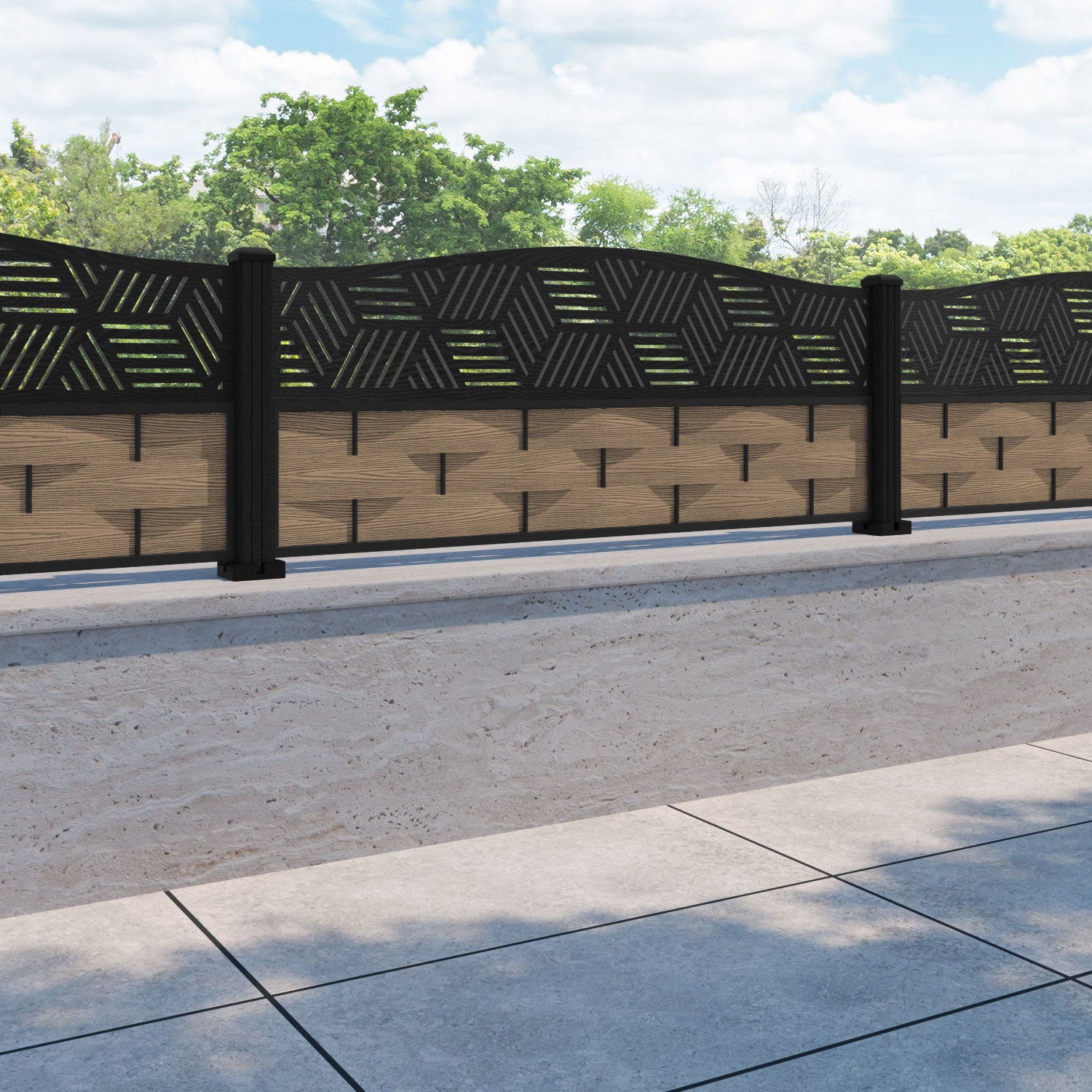 Ripple Cubed Curved Top Fence Panel - Teak - with our composite posts