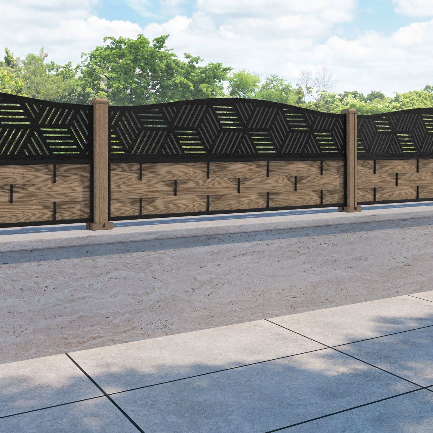 Ripple Cubed Curved Top Fence Panel - Teak - with our composite posts