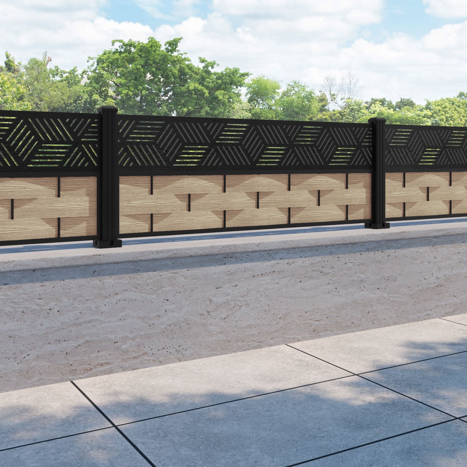 Ripple Cubed Fence Panel - Light Oak - with our aluminium posts