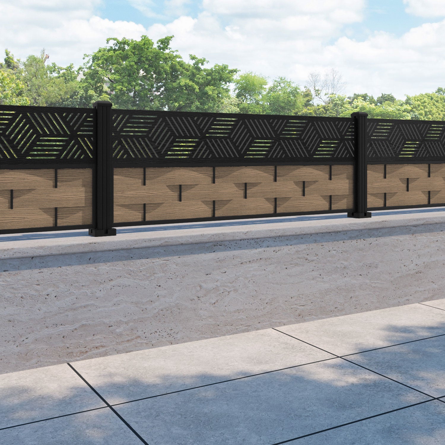 Ripple Cubed Fence Panel - Teak - with our aluminium posts