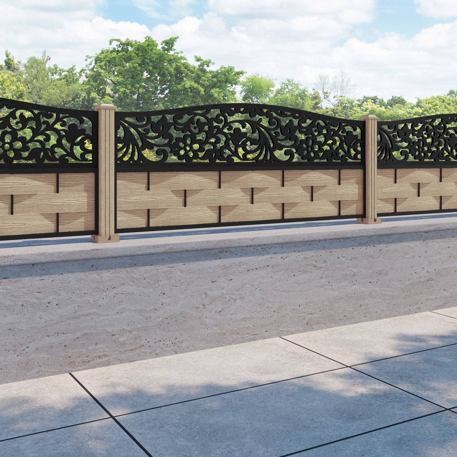 Ripple Eden Curved Top Fence Panel - Light Oak - with our composite posts