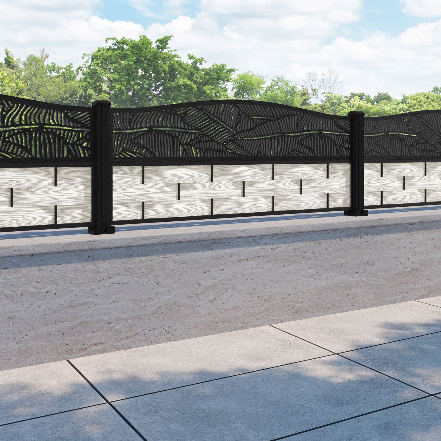 Ripple Feather Curved Top Fence Panel - Light Stone - with our composite posts