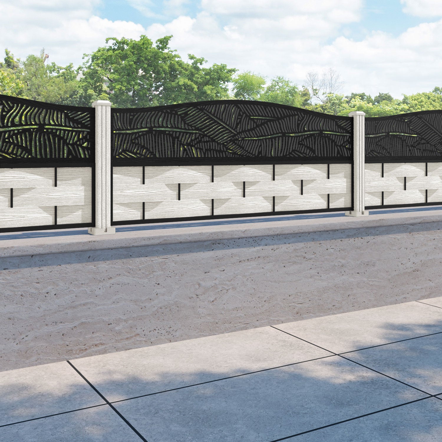 Ripple Feather Curved Top Fence Panel - Light Stone - with our composite posts