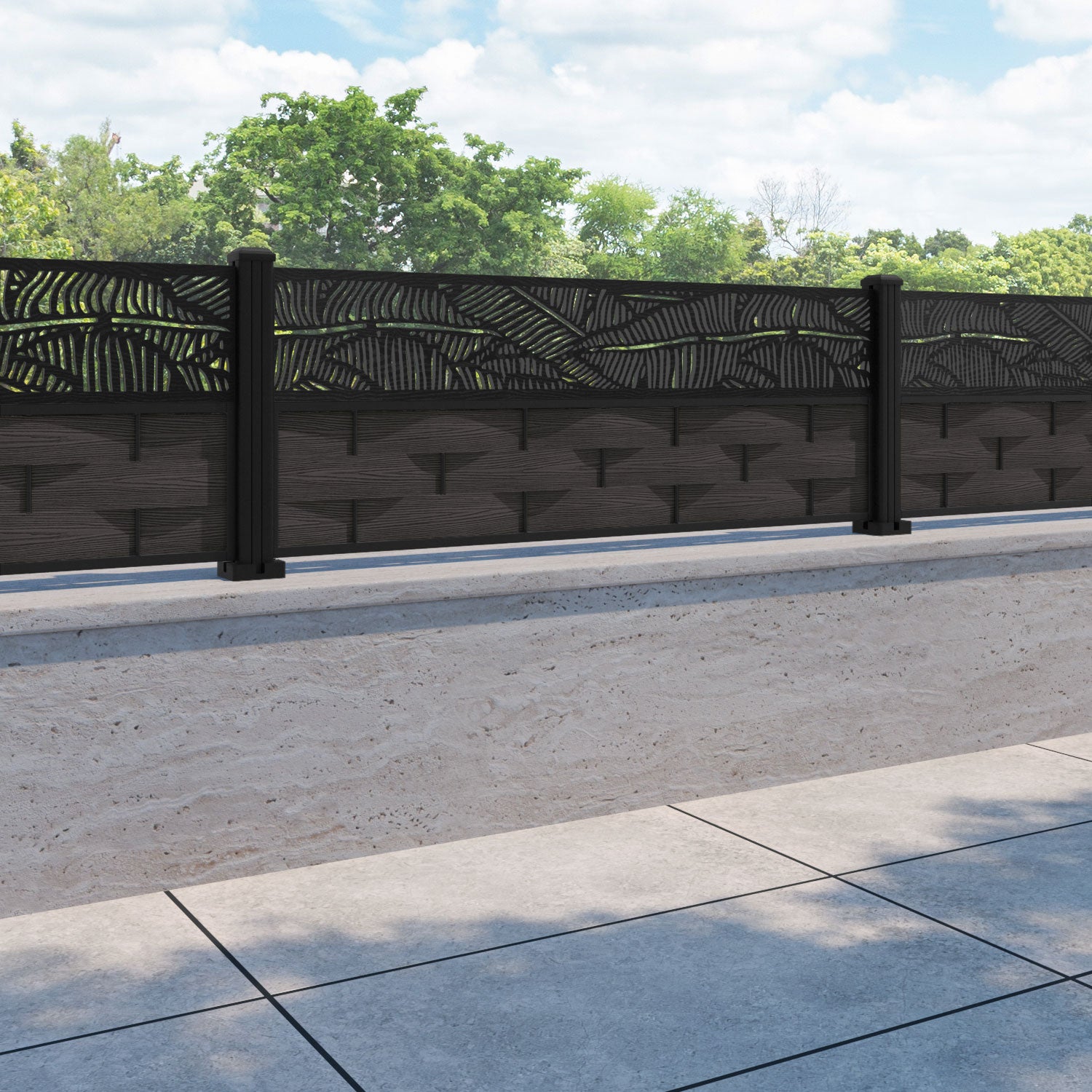 Ripple Feather Fence Panel - Dark Oak - with our aluminium posts