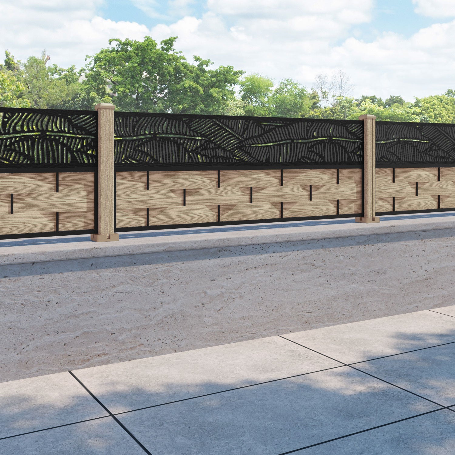 Ripple Feather Fence Panel - Light Oak - with our composite posts