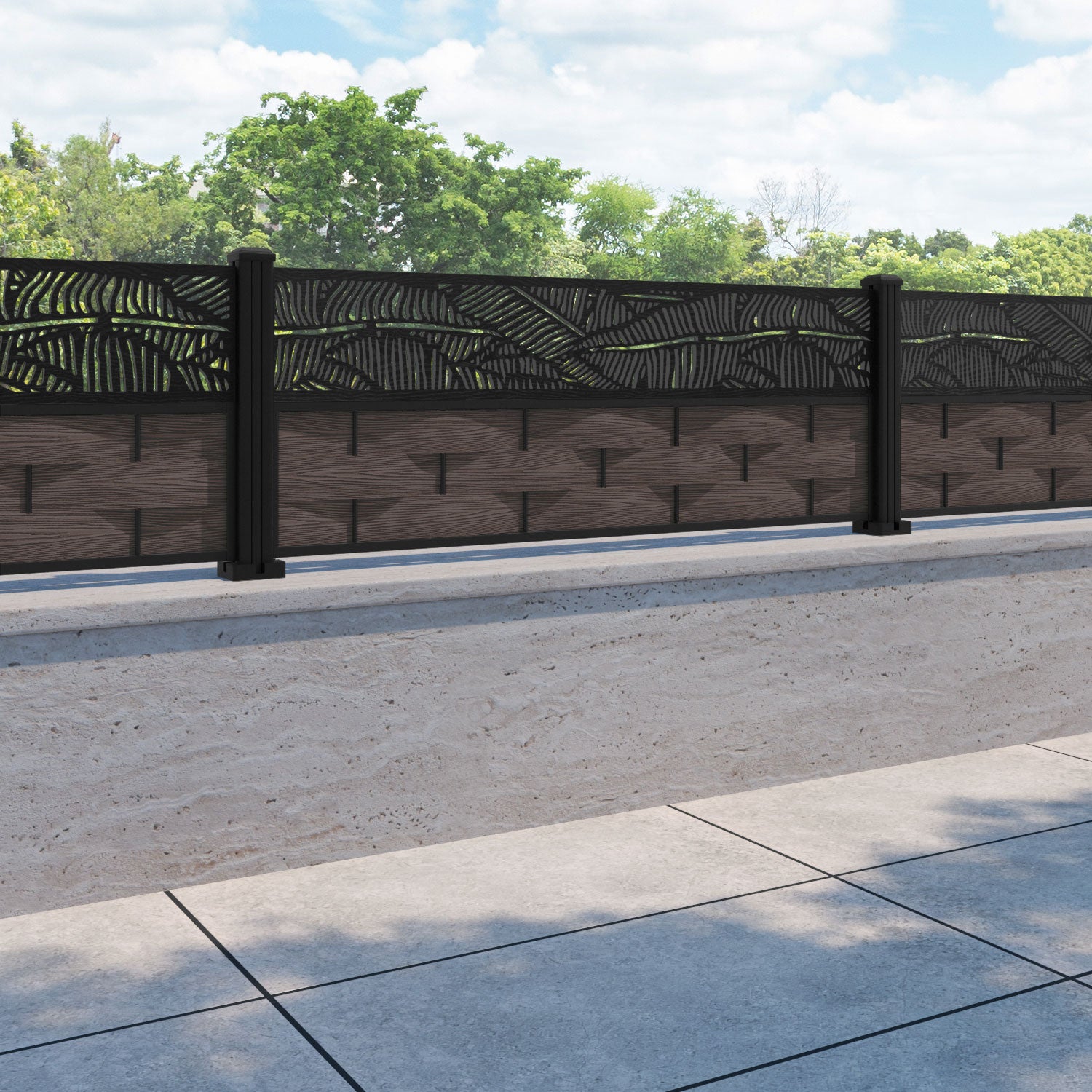 Ripple Feather Fence Panel - Mid Brown - with our aluminium posts