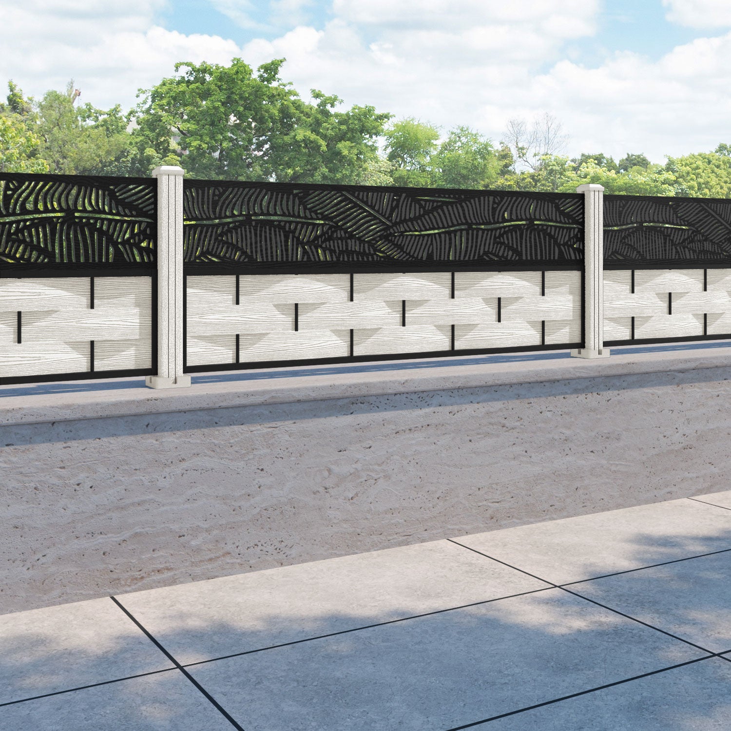 Ripple Feather Fence Panel - Light Stone - with our composite posts