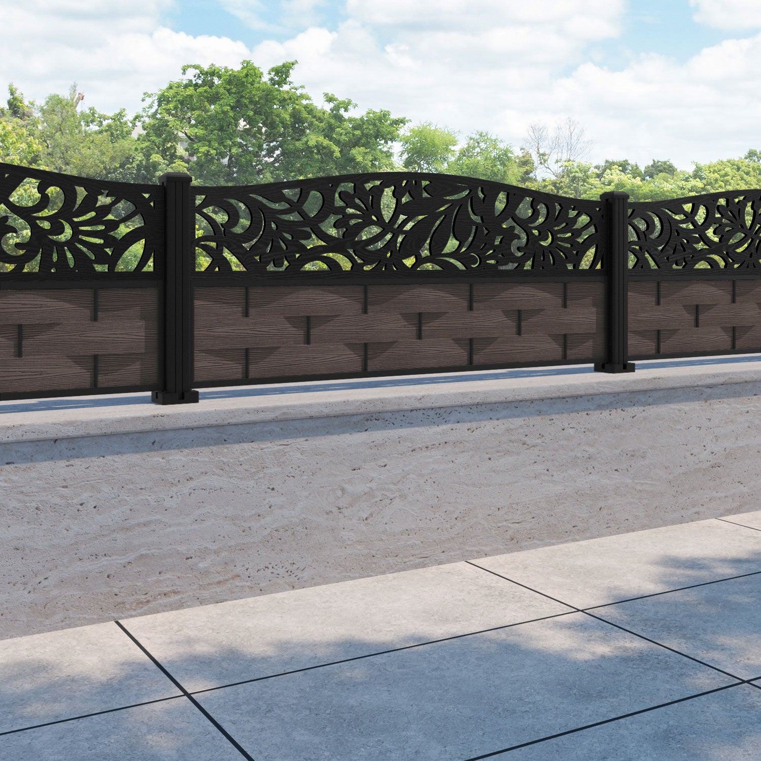 Ripple Heritage Curved Top Fence Panel - Mid Brown - with our aluminium posts