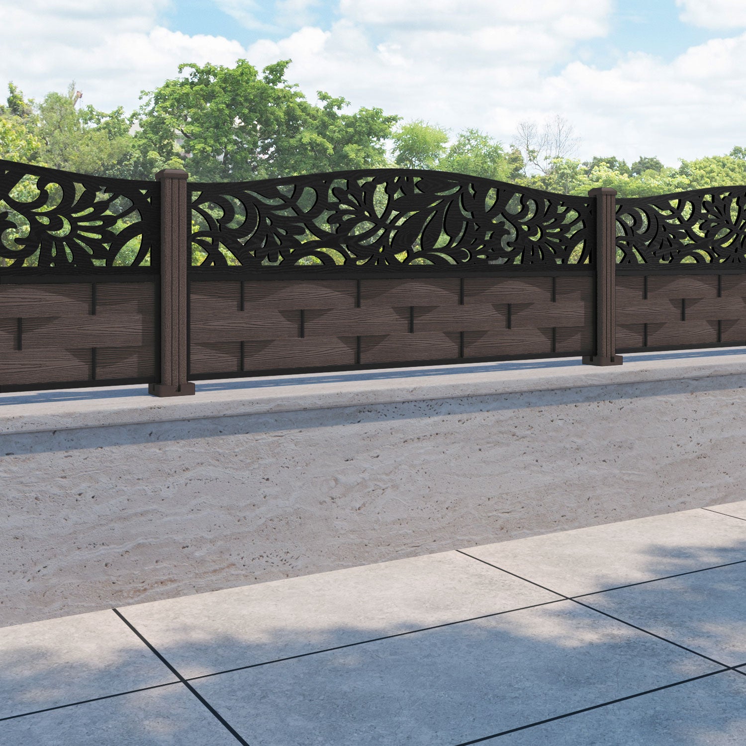 Ripple Heritage Curved Top Fence Panel - Mid Brown - with our composite posts