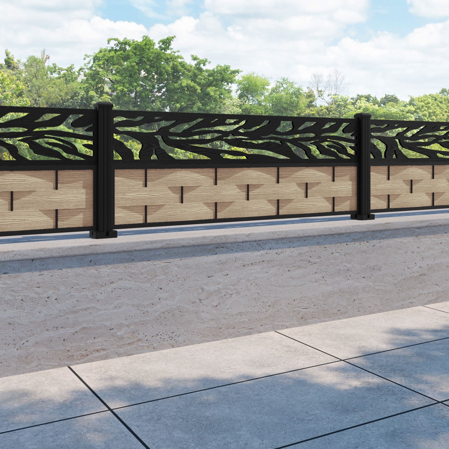 Ripple Malawi Fence Panel - Light Oak - with our aluminium posts