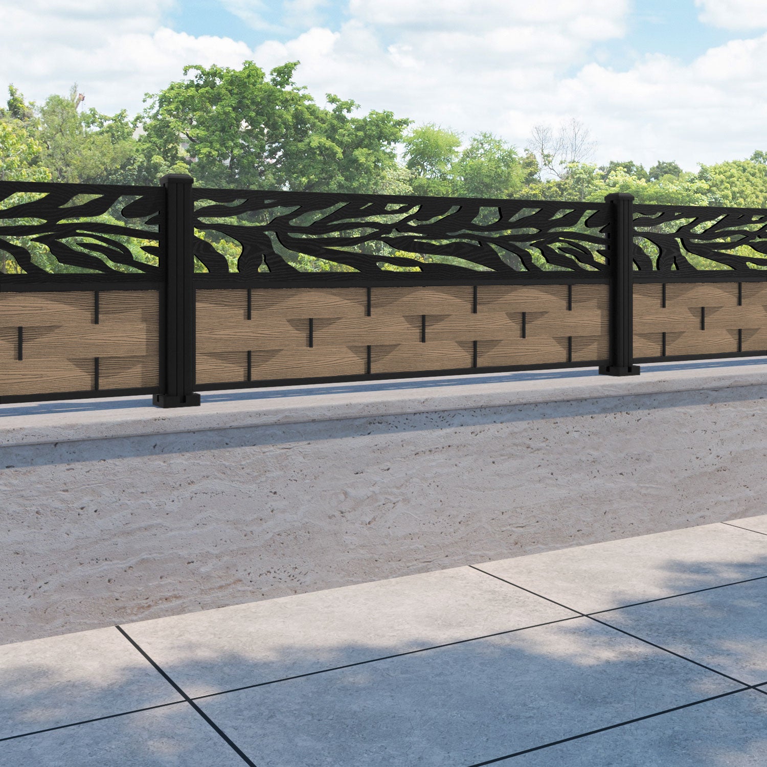 Ripple Malawi Fence Panel - Teak - with our aluminium posts