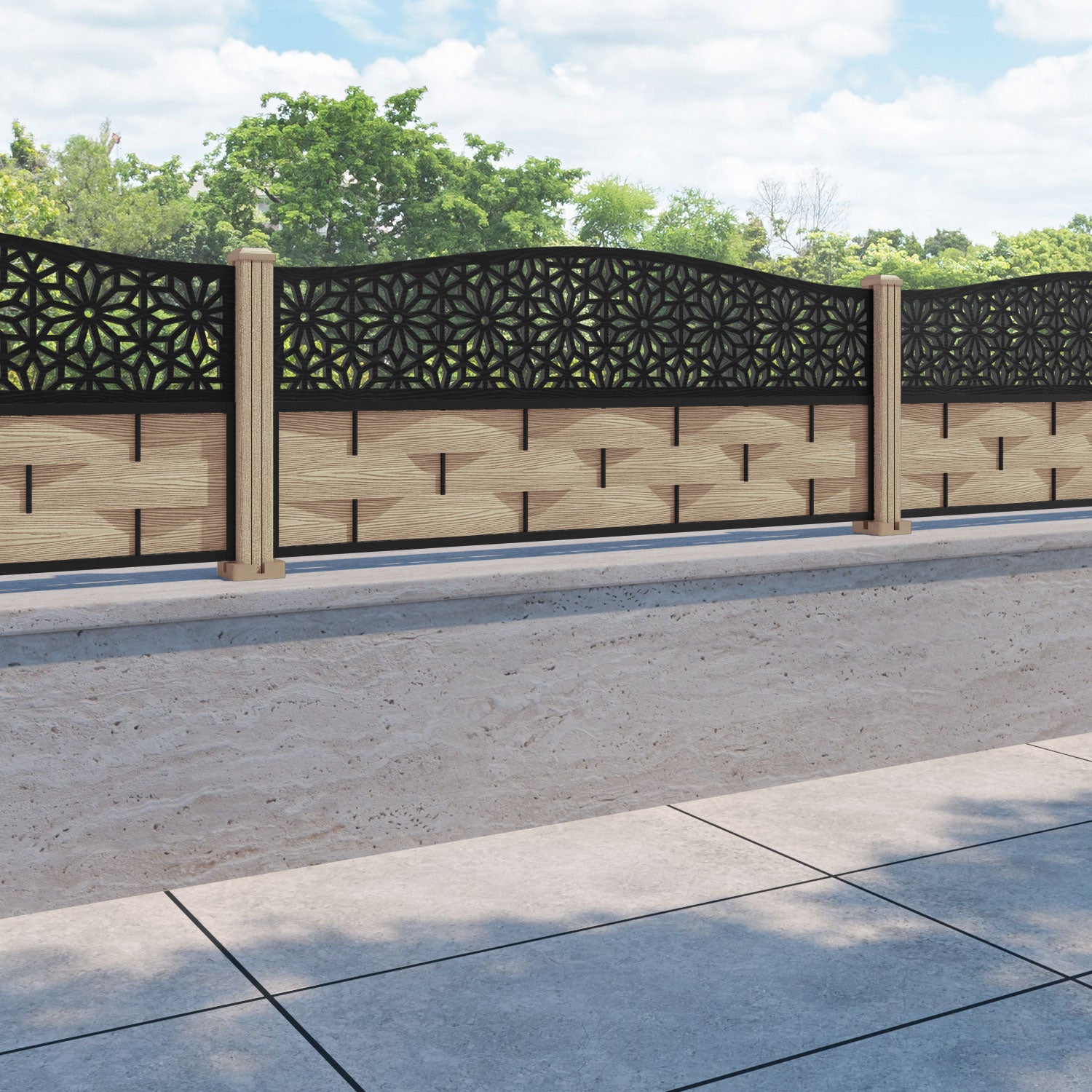 Ripple Narwa Curved Top Fence Panel - Light Oak - with our composite posts