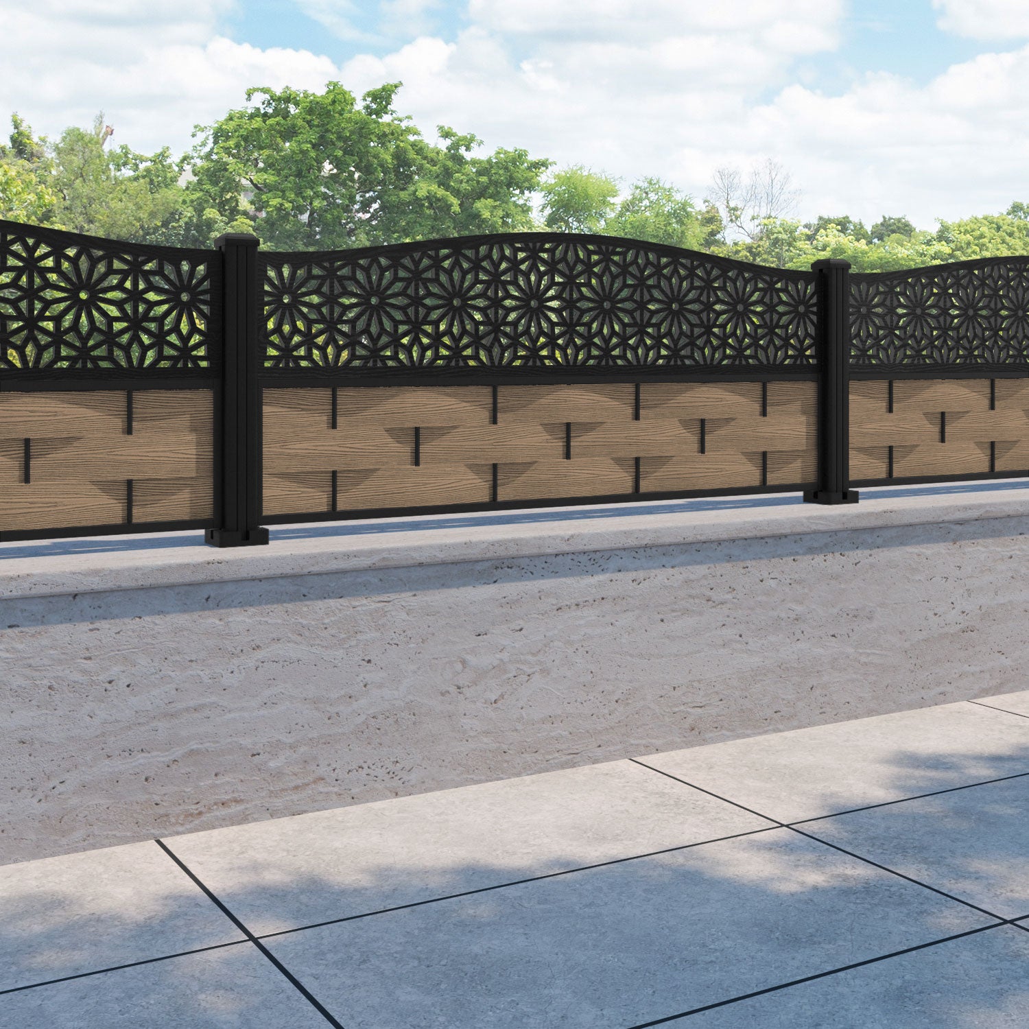 Ripple Narwa Curved Top Fence Panel - Teak - with our aluminium posts