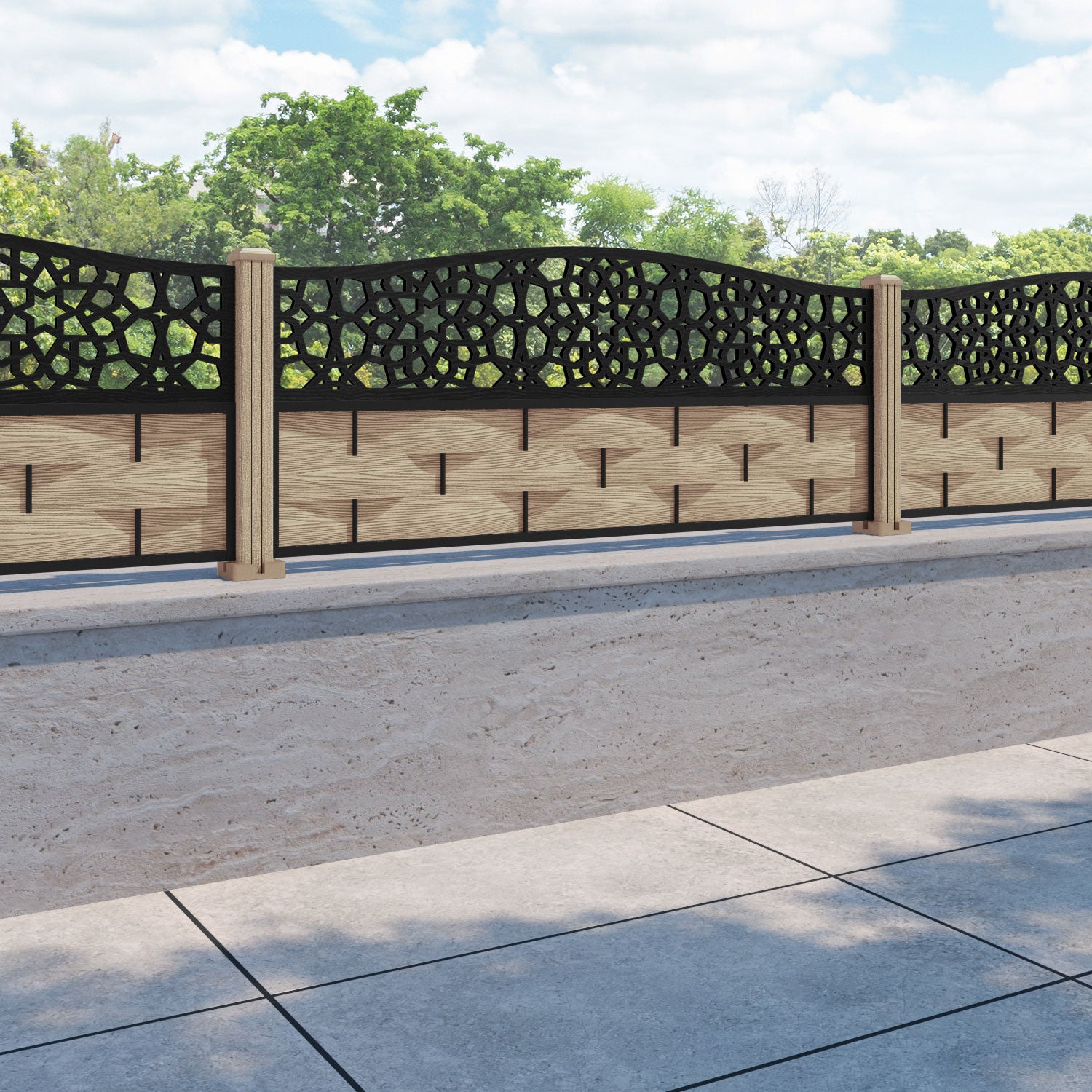 Ripple Nazira Curved Top Fence Panel - Light Oak - with our composite posts