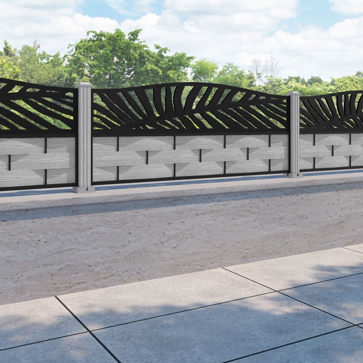 Ripple Palm Curved Top Fence Panel - Light Grey - with our composite posts
