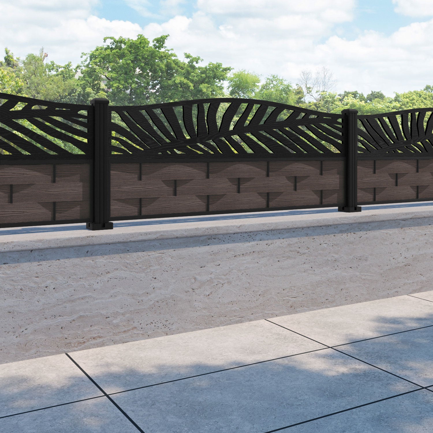Ripple Palm Curved Top Fence Panel - Mid Brown - with our aluminium posts