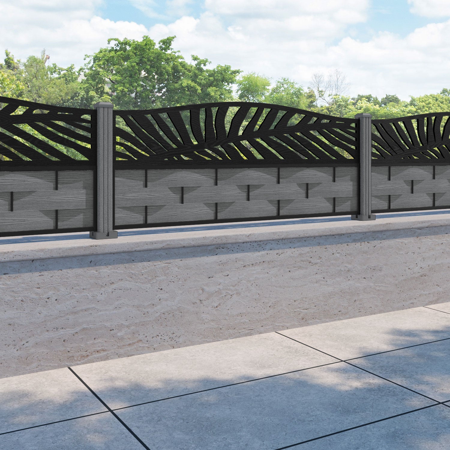Ripple Palm Curved Top Fence Panel - Mid Grey - with our composite posts