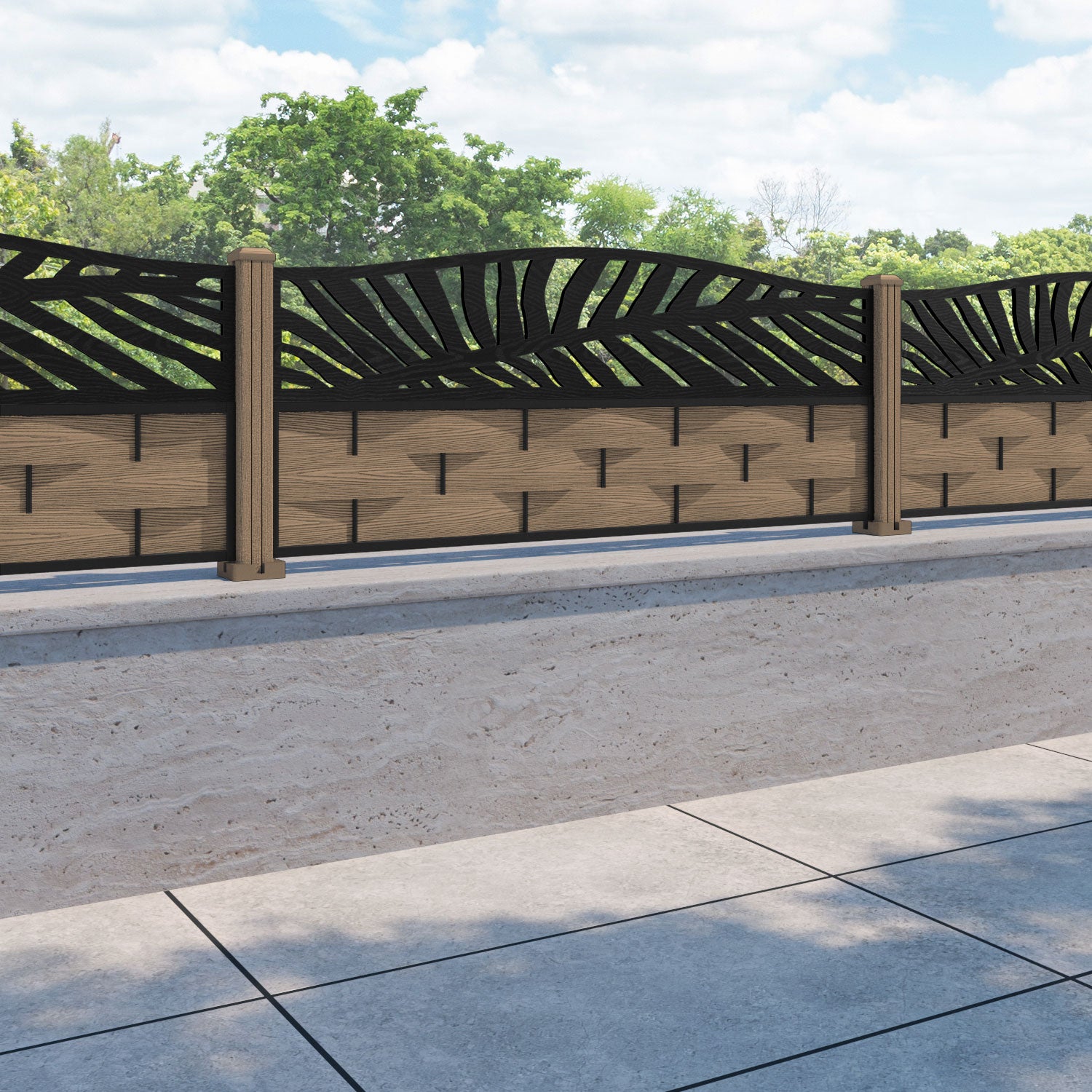 Ripple Palm Curved Top Fence Panel - Teak - with our composite posts