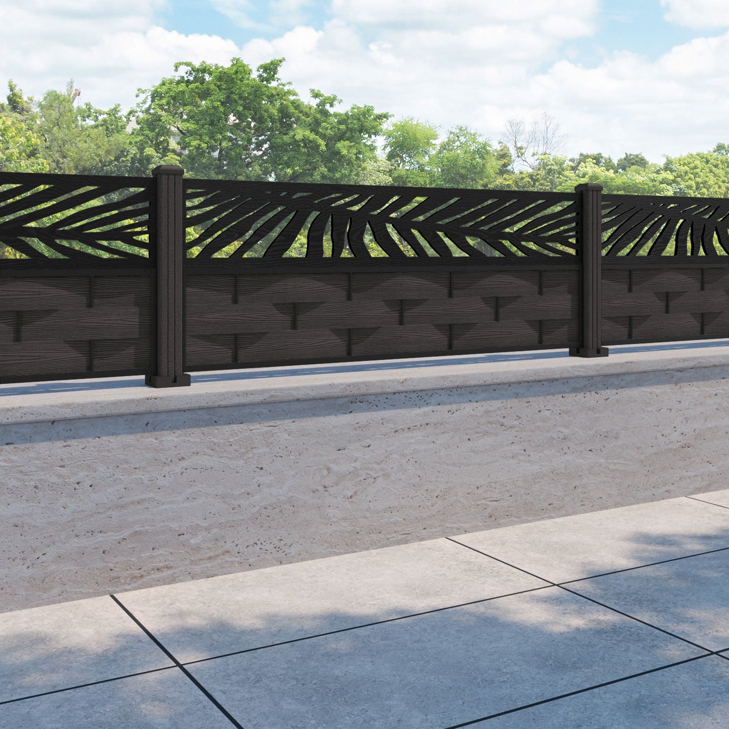 Ripple Palm Fence Panel - Dark Oak - with our composite posts