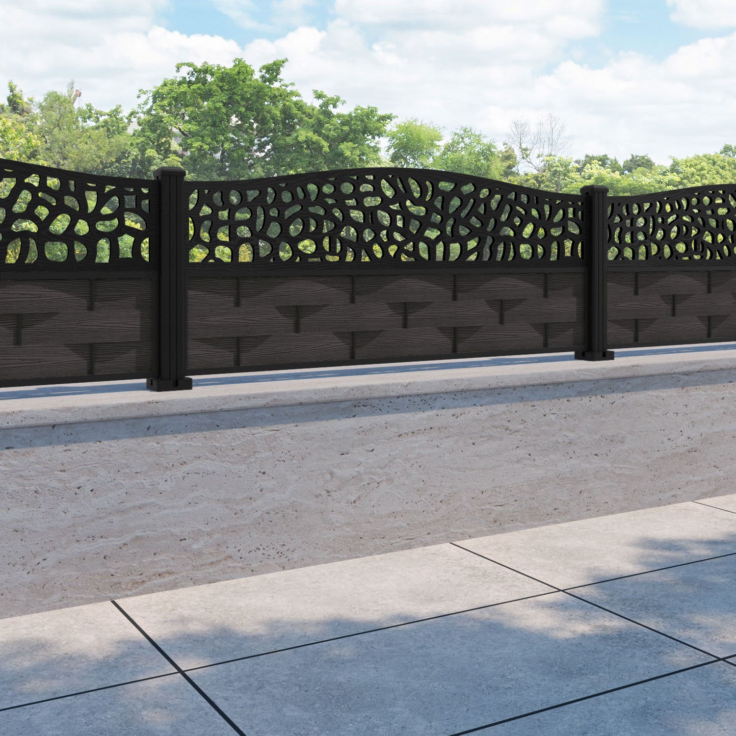 Ripple Pebble Curved Top Fence Panel - Dark Oak - with our aluminium posts