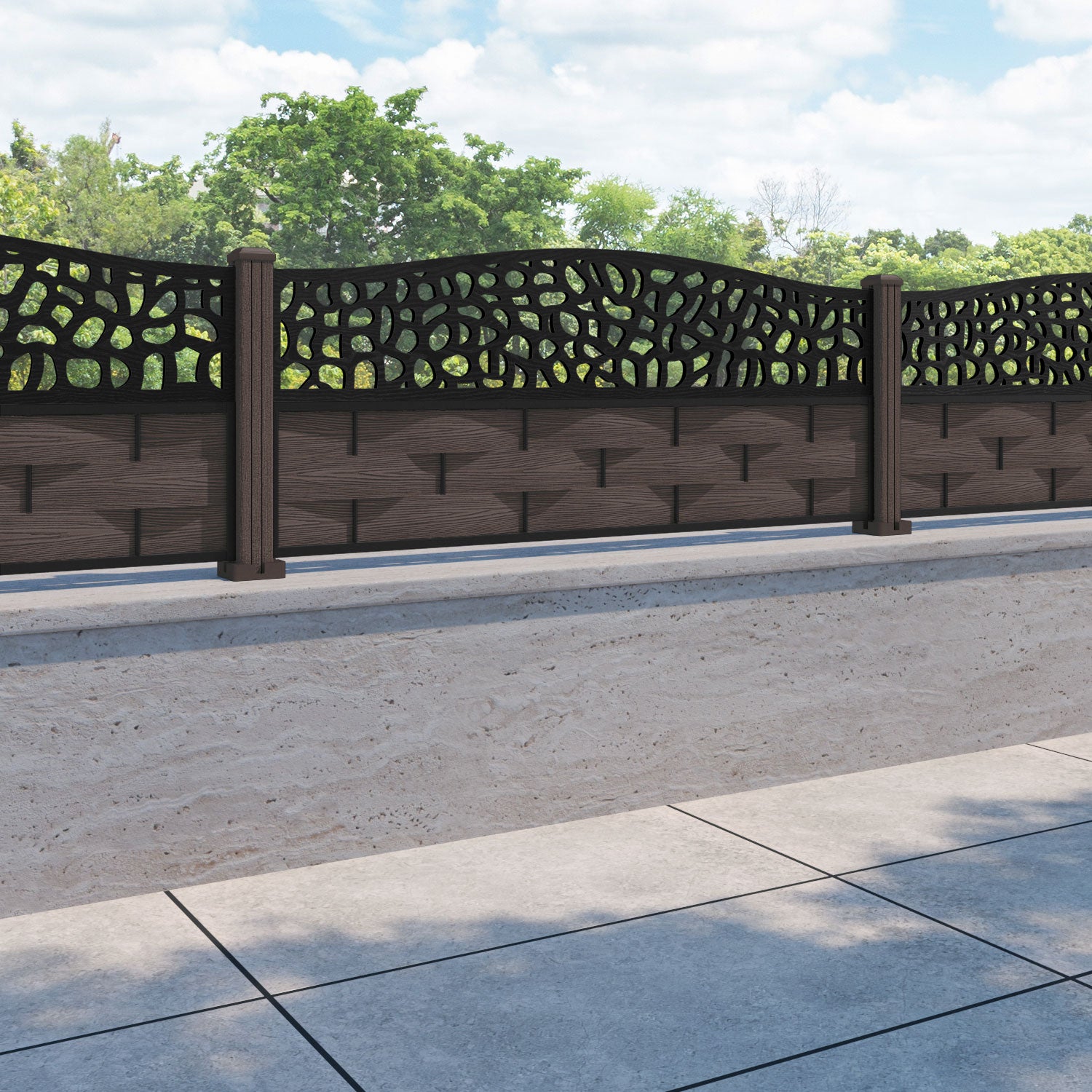 Ripple Pebble Curved Top Fence Panel - Mid Brown - with our composite posts