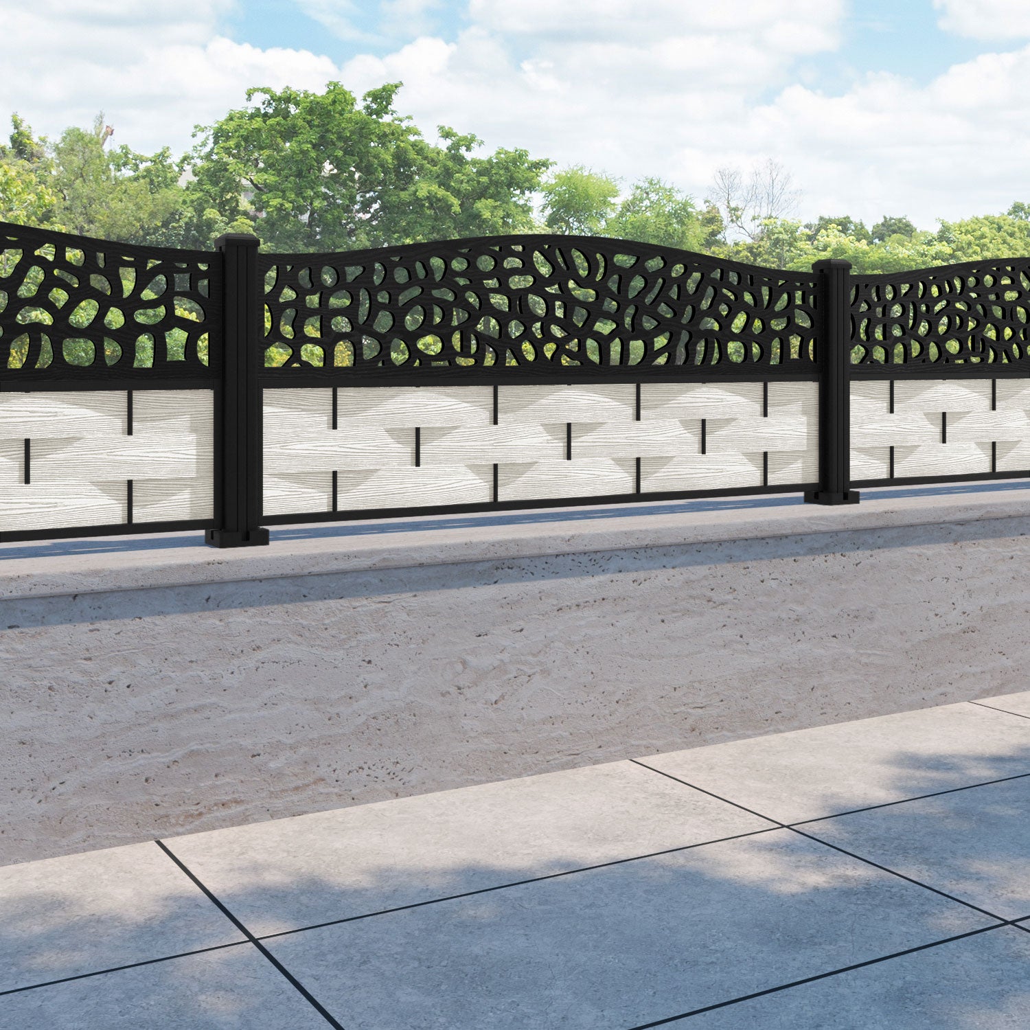 Ripple Pebble Curved Top Fence Panel - Light Stone - with our aluminium posts