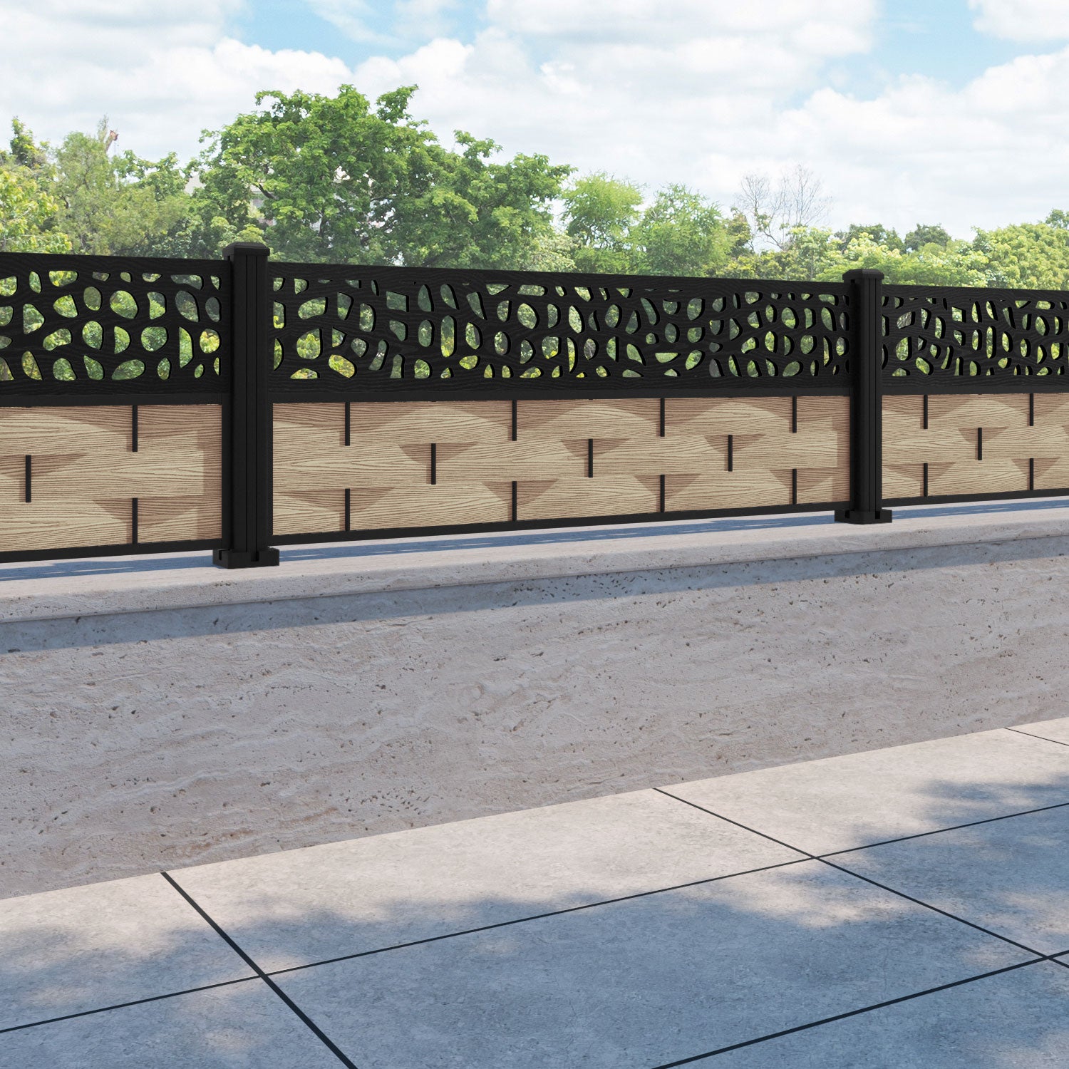 Ripple Pebble Fence Panel - Light Oak - with our aluminium posts