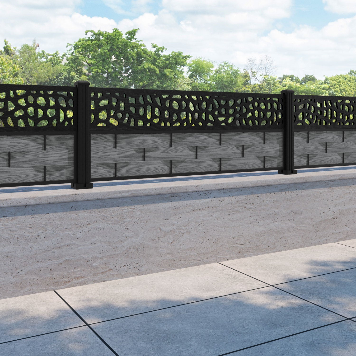 Ripple Pebble Fence Panel - Mid Grey - with our aluminium posts