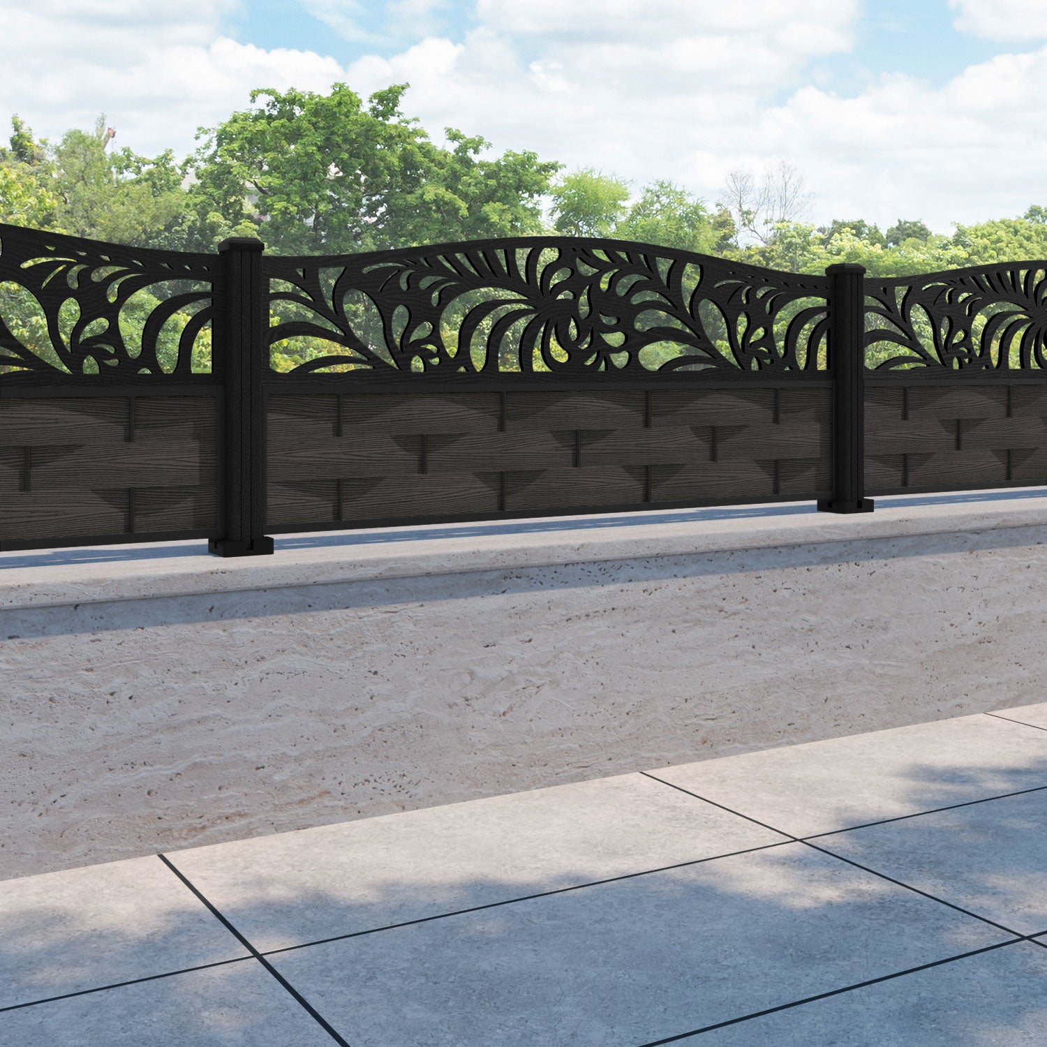 Ripple Petal Curved Top Fence Panel - Dark Oak - with our composite posts