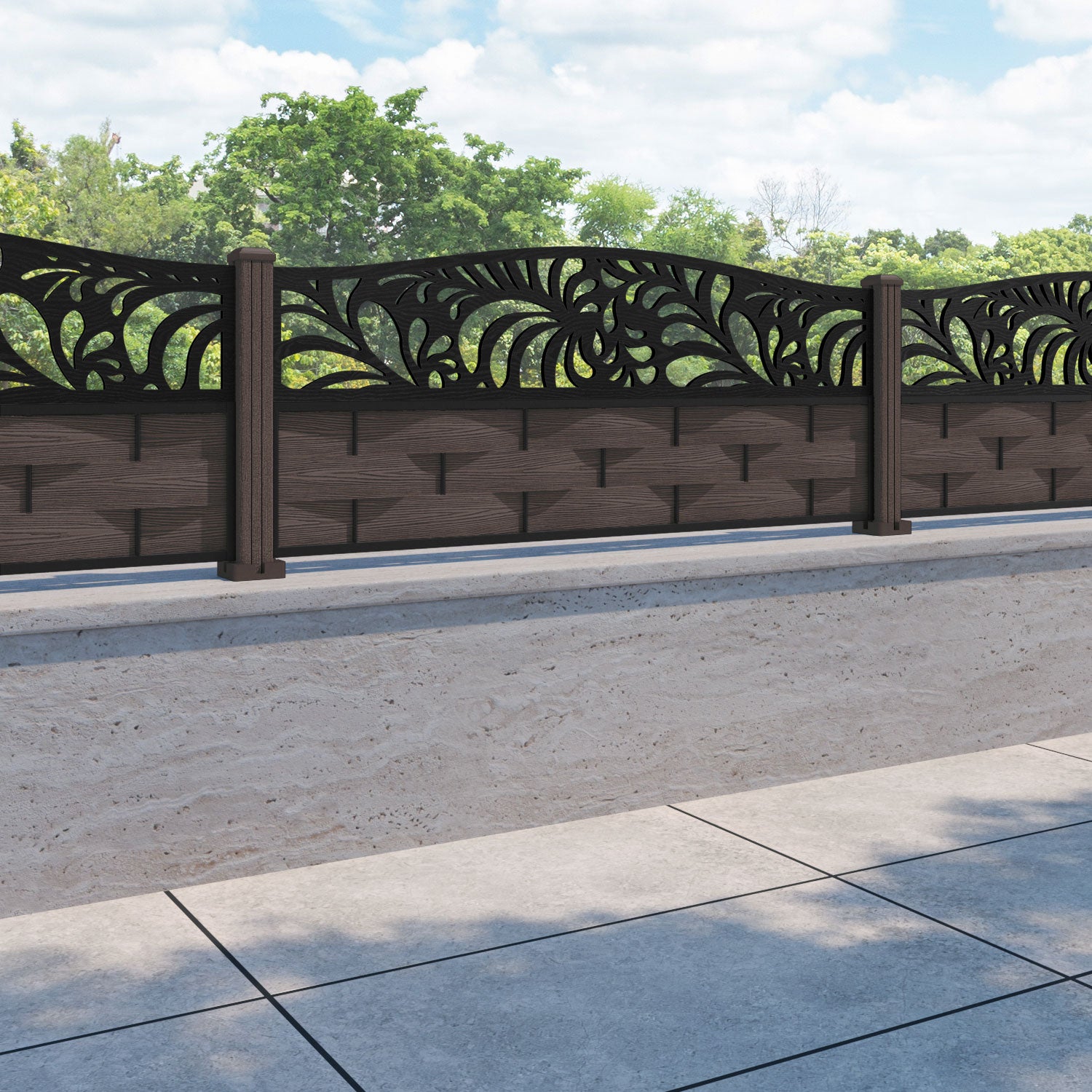 Ripple Petal Curved Top Fence Panel - Mid Brown - with our composite posts
